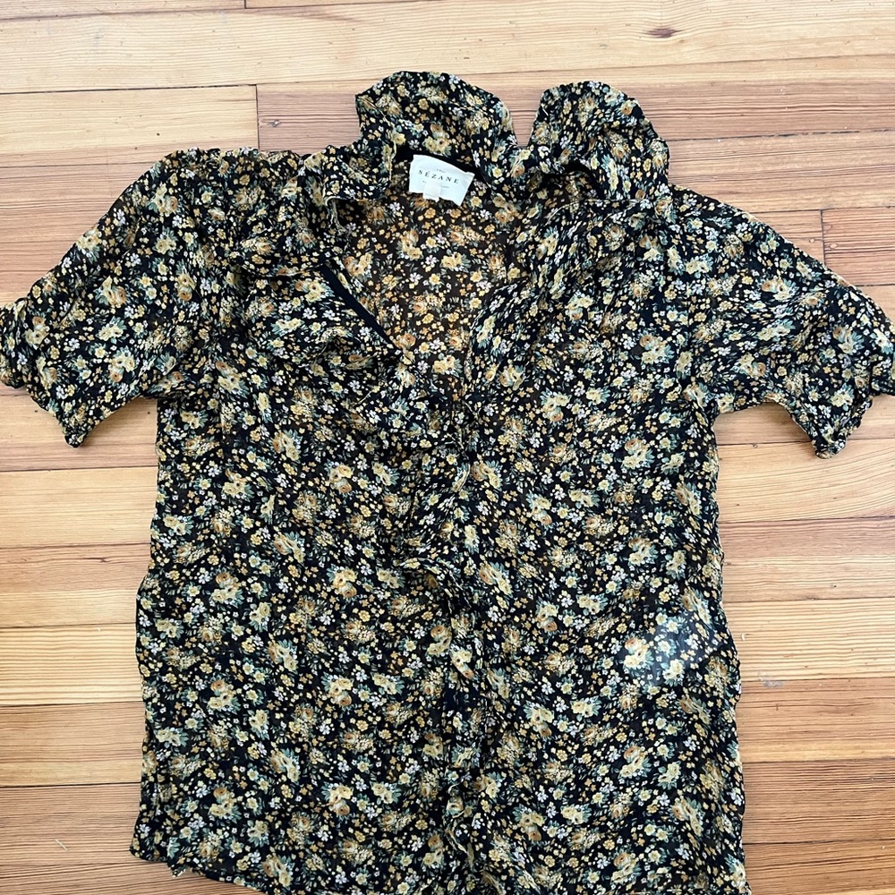 Sezane Size 34 Black Floral Button-Up Blouse